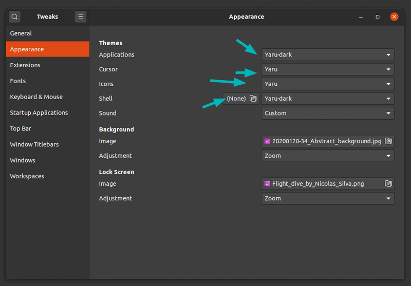 通過GNOME Tweak恢復為Yaru Dark主題